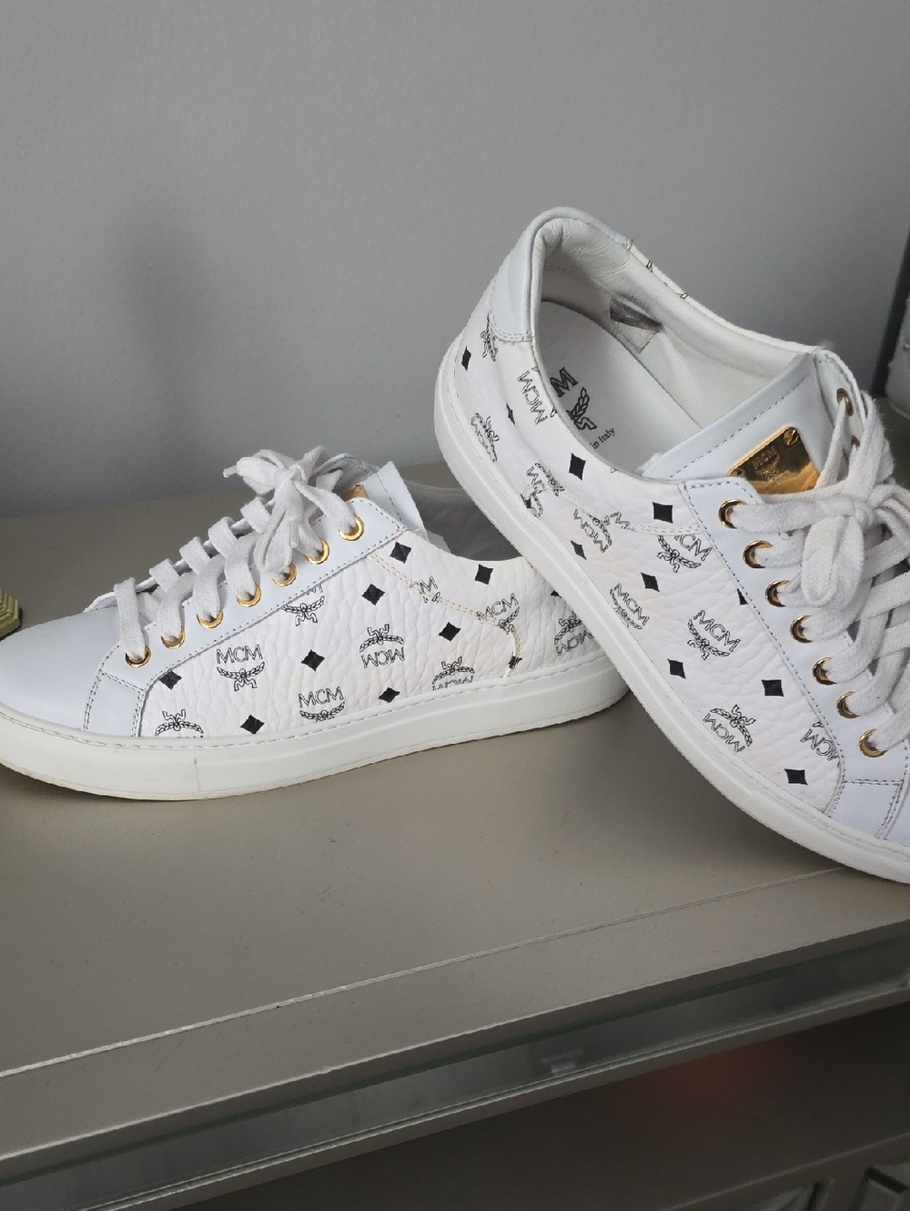 MCM White Logo-Print Low-Top Sneakers with Gold Hardware